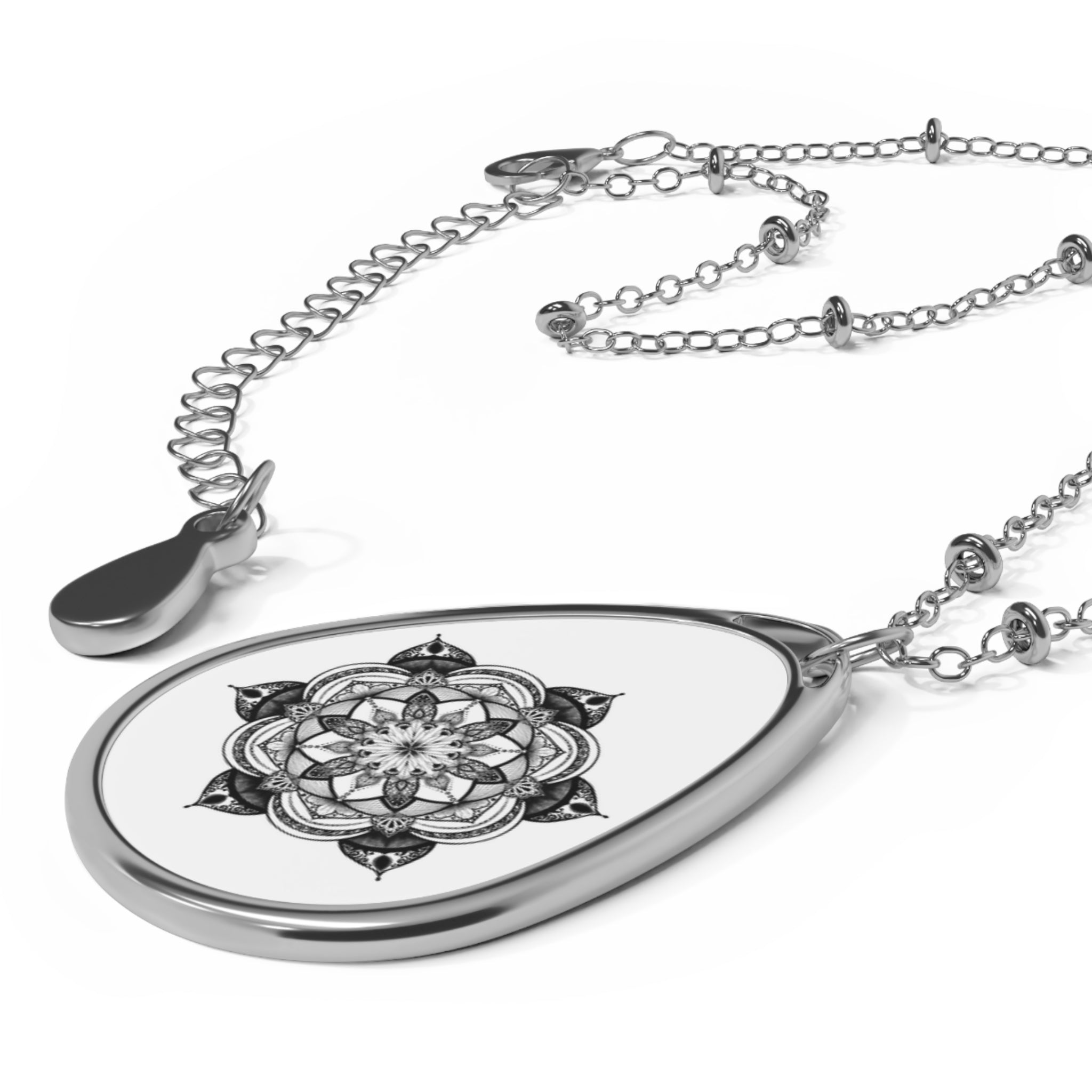 Life Flower Mandala - Oval Pendant Necklace — Boho Teardrop Jewelry