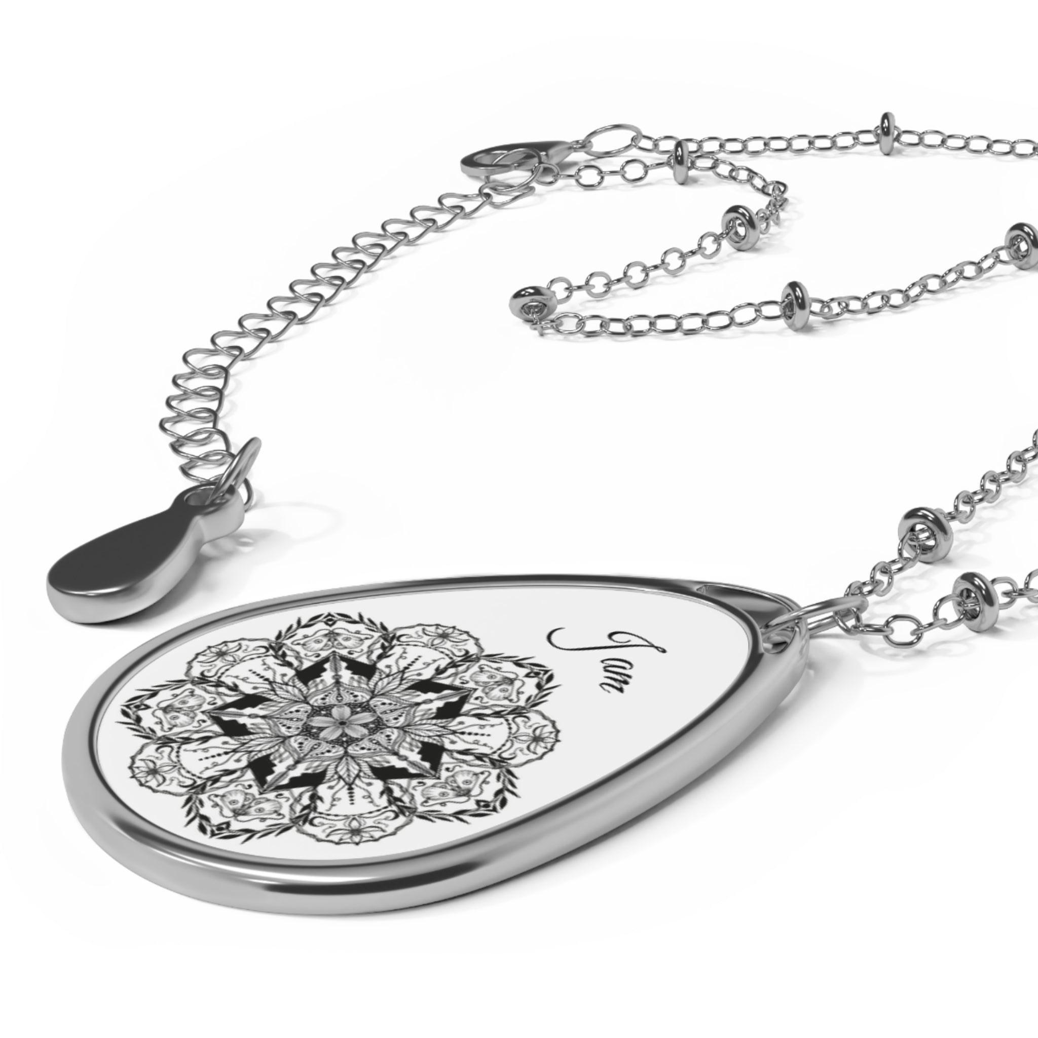 "I am" Saturnia Night Fly Mandala - Oval Pendant Necklace — Boho Teardrop Jewelry