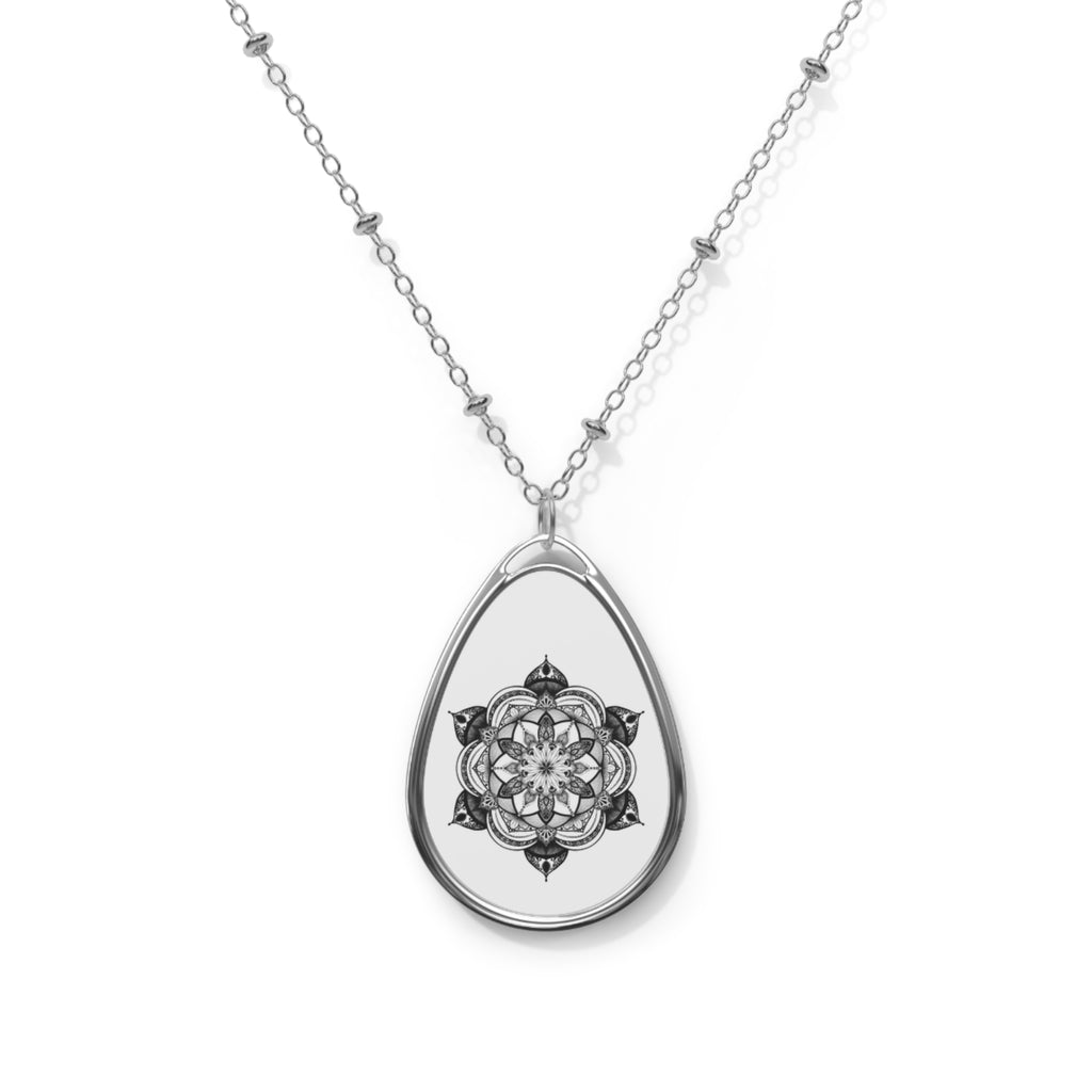 Life Flower Mandala - Oval Pendant Necklace — Boho Teardrop Jewelry